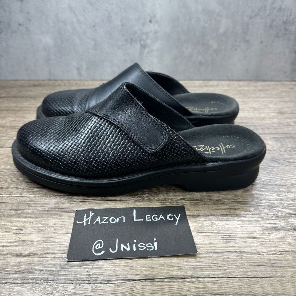 Clarks~Women's~"Patty Tayna"~Black‎ Leather Textured Vamp Mules~Size 7